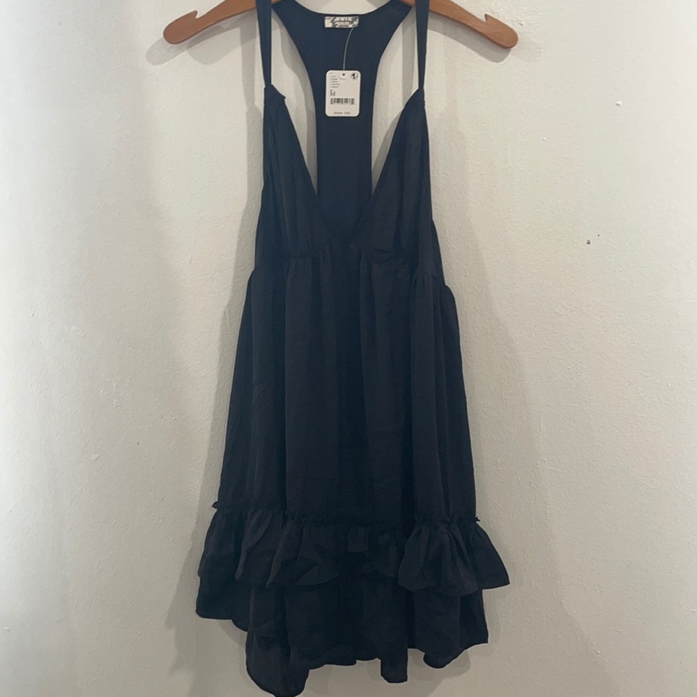 Free People Black Chemise with Racerback and Ruffled Hem